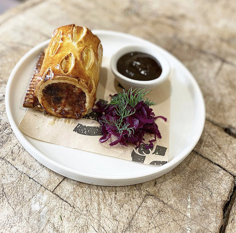 Sausage roll with walnut and date ketchup