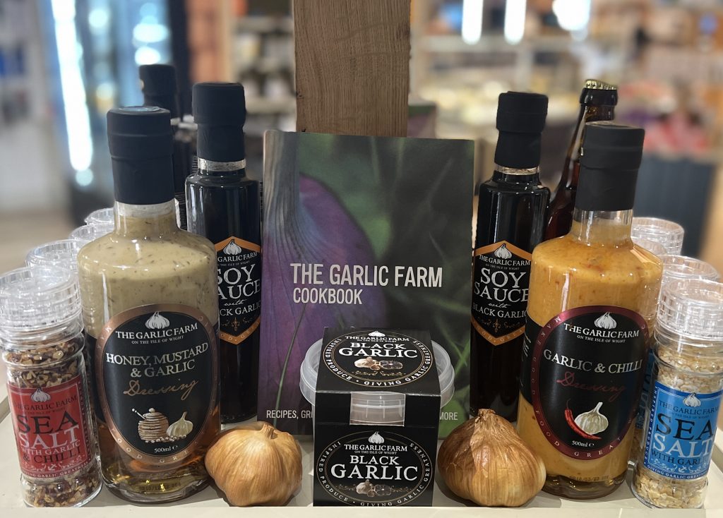 Image of various garlic farm products from salt to dressings