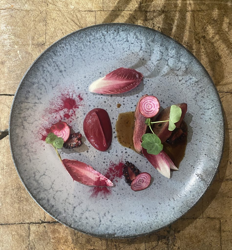 Summer Supper dish of wood pigeon, beetroot & Blackberry