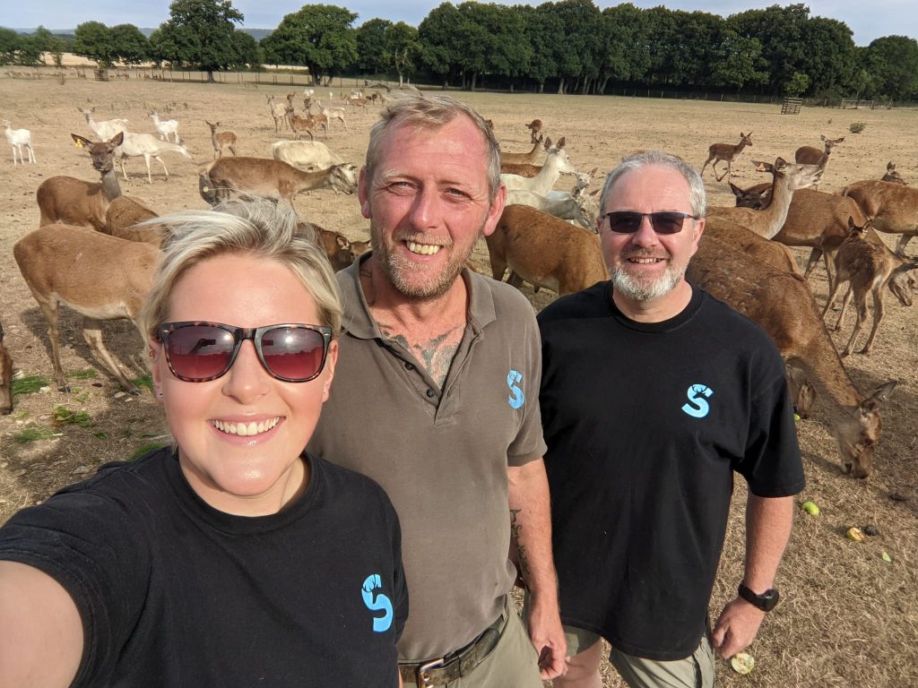 photo of our Rangers, Lily, Craig and Glyn standing in a paddock of deer hinds