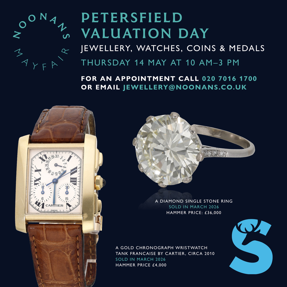 A single Diamond stone ring and a Cartier watch sales from Noonans recent Auctions displayed in poster.