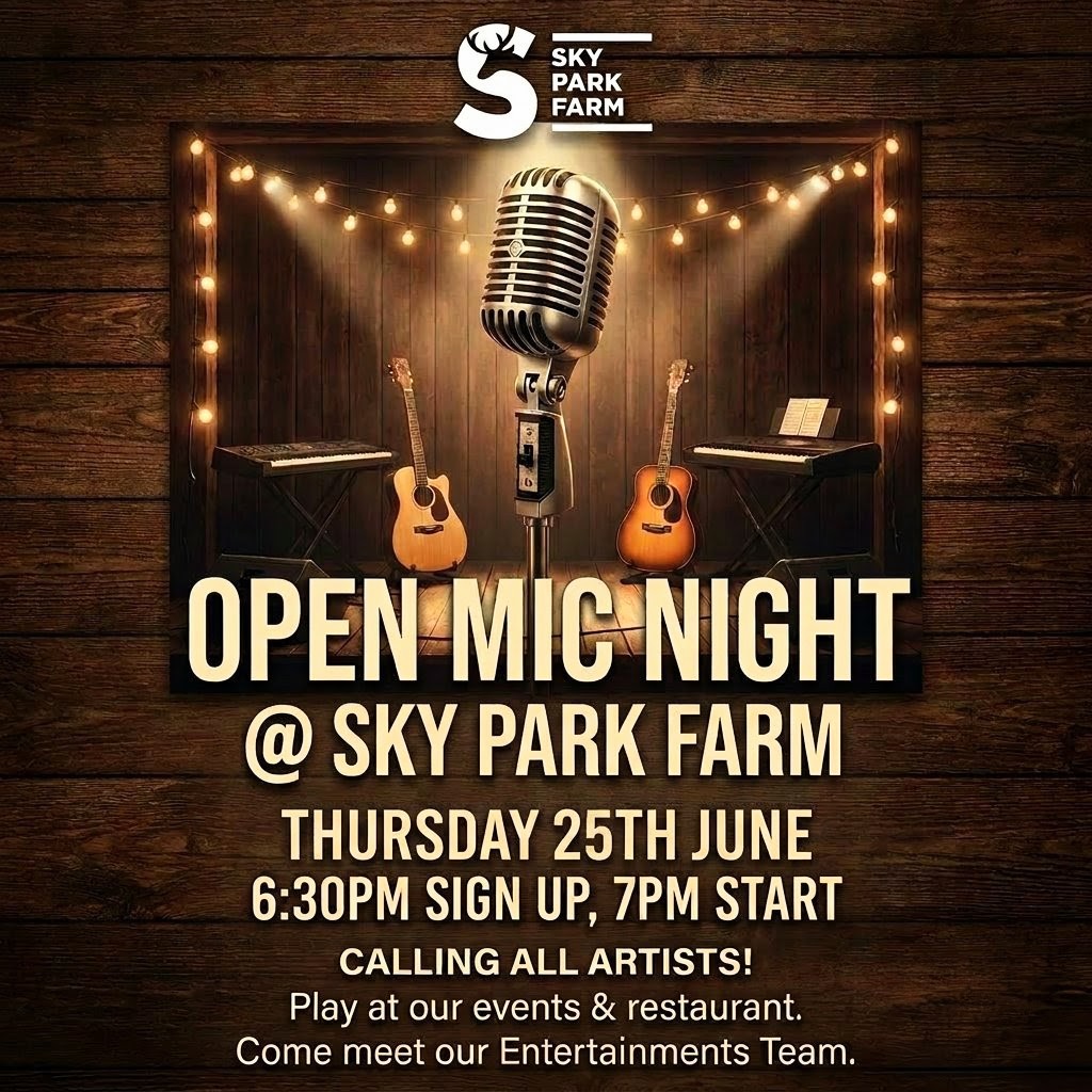 Open mic night poster for talent to register to play Thursday 25th June at Sky Park Bar & Grill
