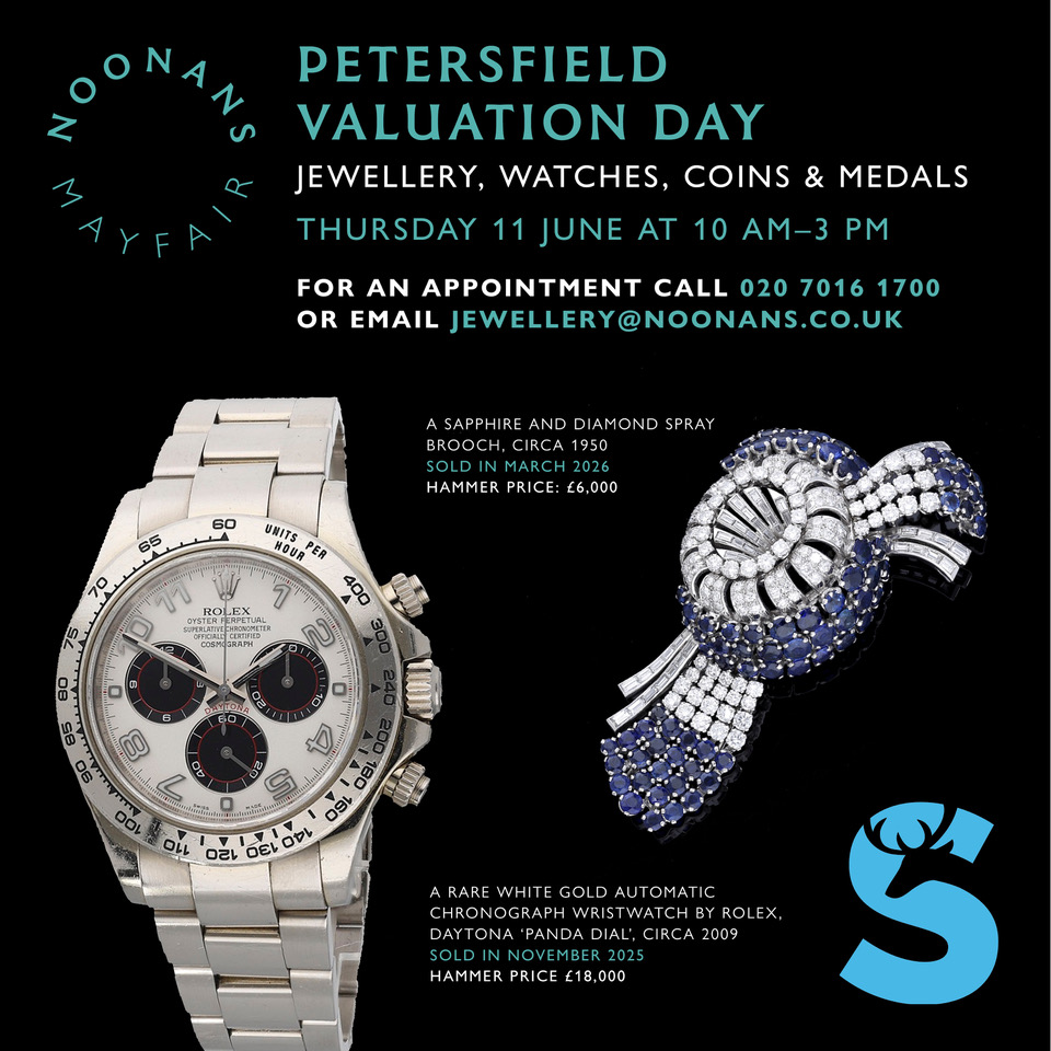 Image of rare chronograph and diamond brooch from auctions held by Noona's Mayfair to advertise their f=free appraisal day at Sky Park Farm.